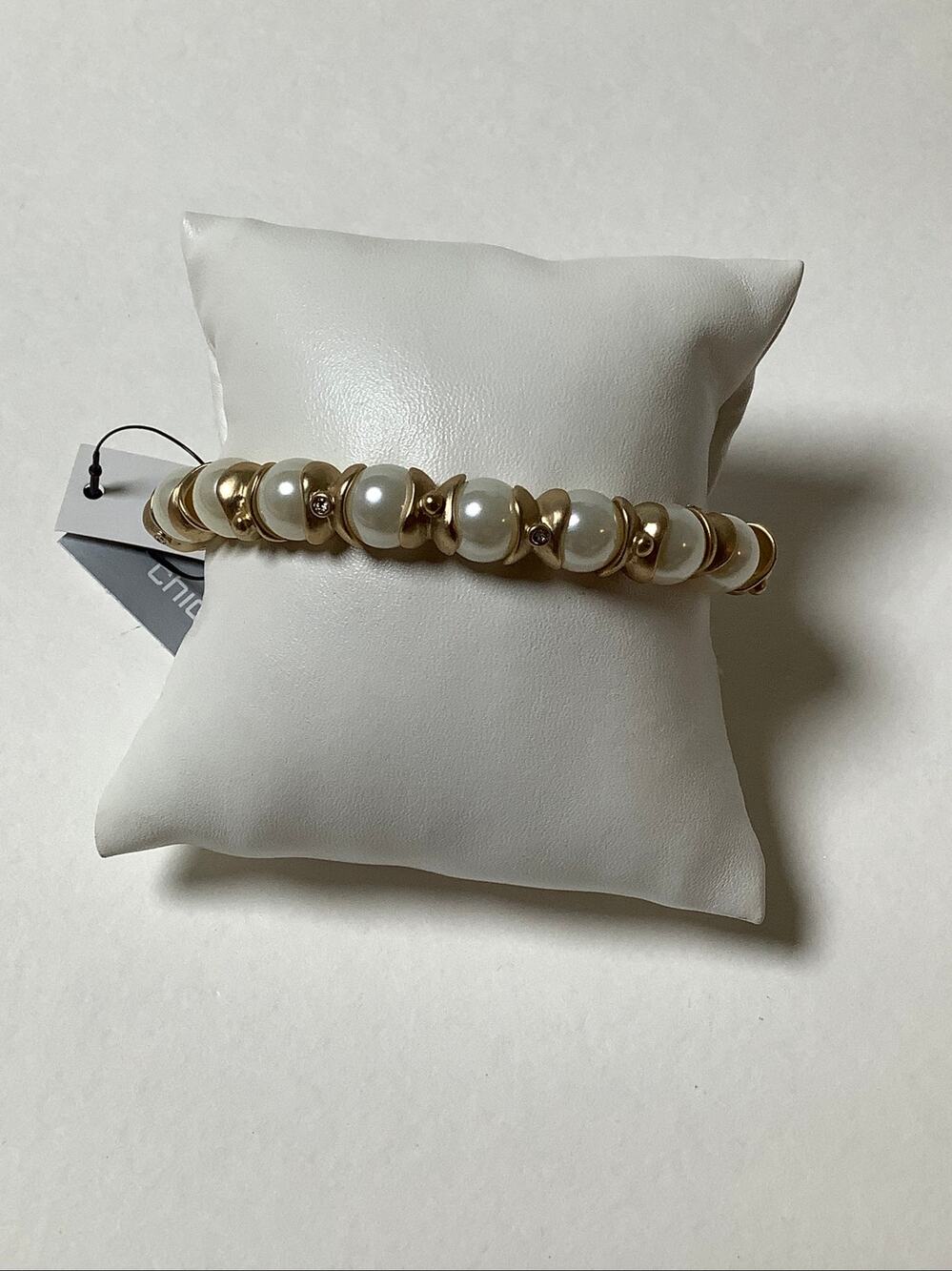Chicos Cream Faux Pearl Gold Tone Beaded Stretch Bracelet Elegant Wedding F18-8